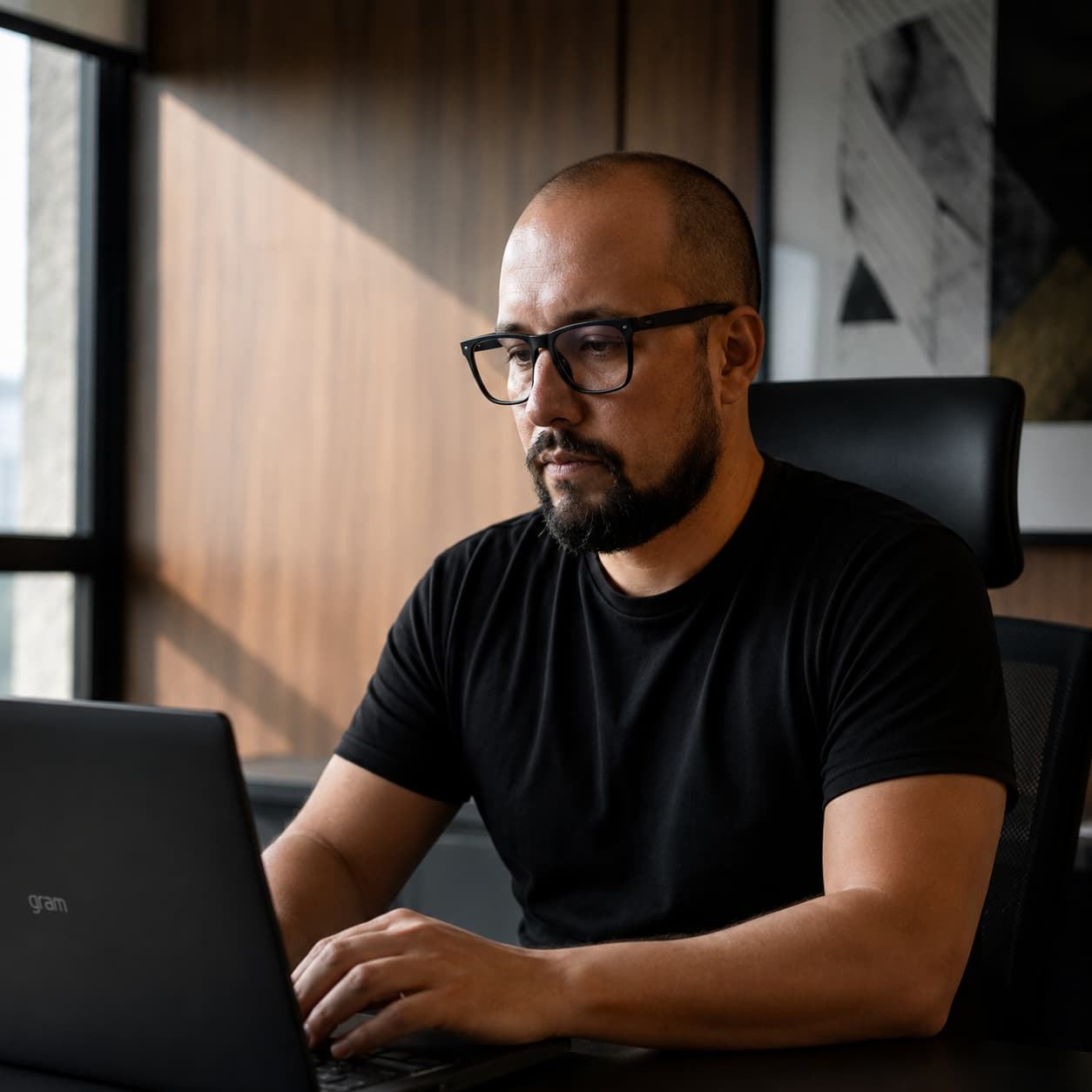 Chris, fundador da Abelha Studio, trabalhando no laptop