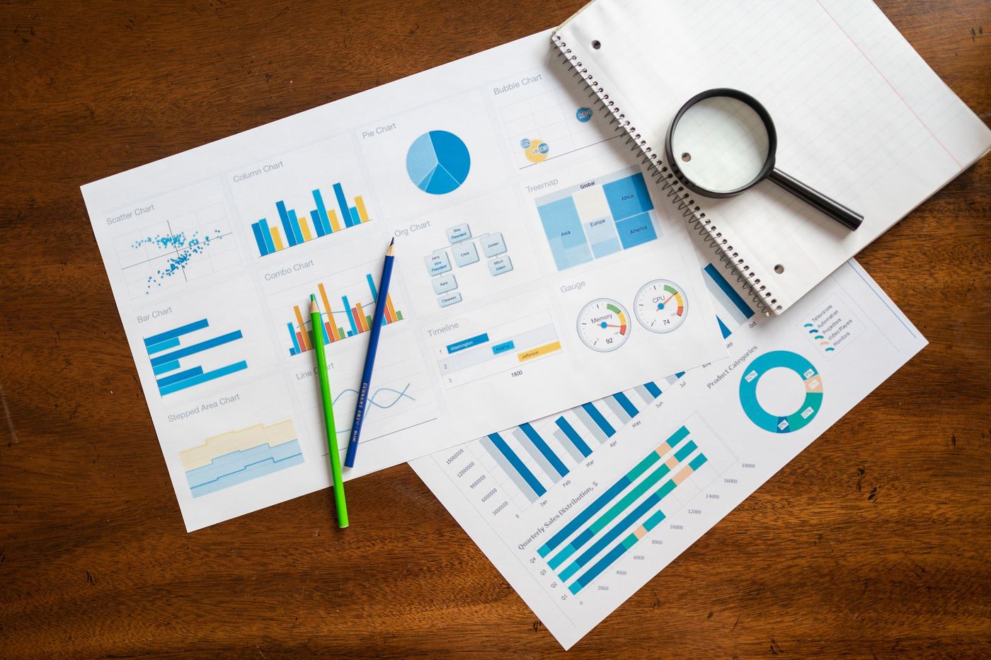 Lupa sobre gráficos e relatórios impressos, simbolizando transparência de dados